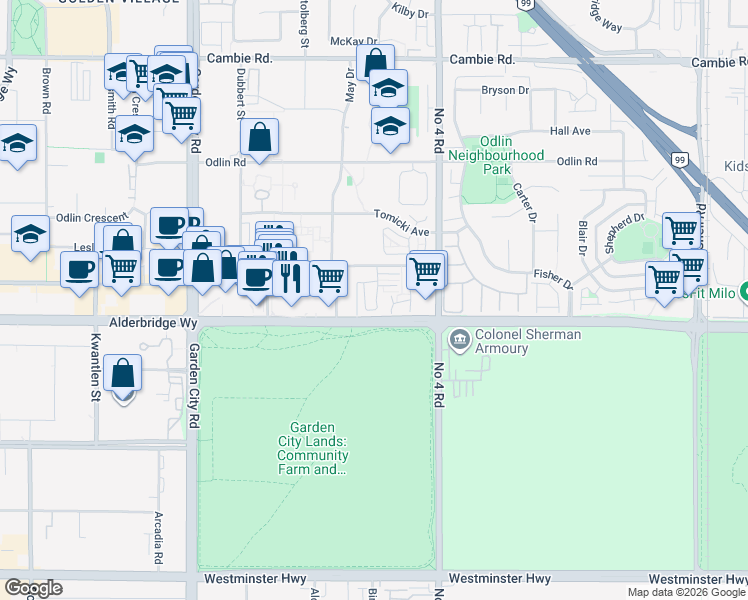 map of restaurants, bars, coffee shops, grocery stores, and more near 9680 Alexandra Road in Richmond