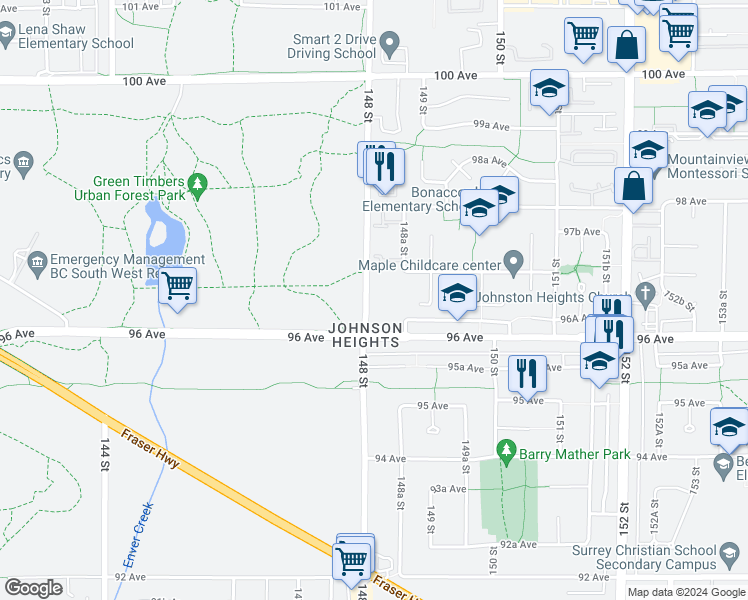 map of restaurants, bars, coffee shops, grocery stores, and more near 9668 148 Street in Surrey