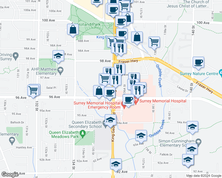 map of restaurants, bars, coffee shops, grocery stores, and more near 9655 King George Boulevard in Surrey