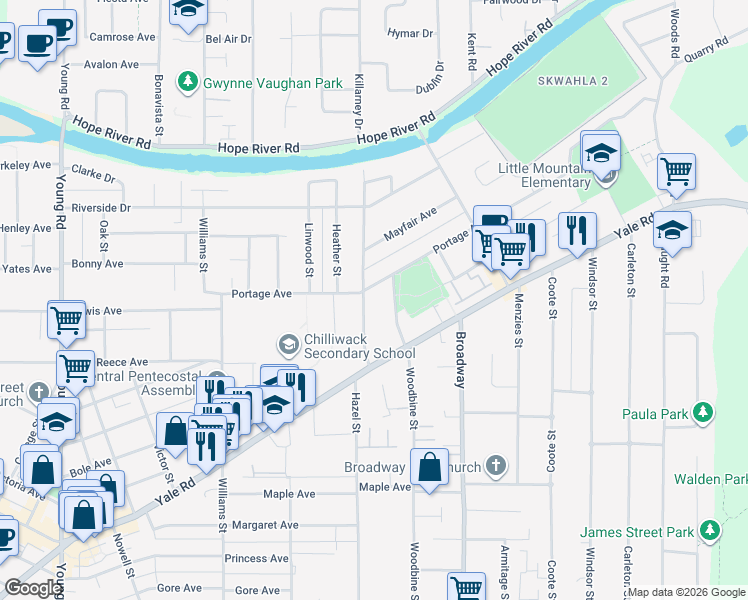 map of restaurants, bars, coffee shops, grocery stores, and more near 46438 Portage Avenue in Chilliwack