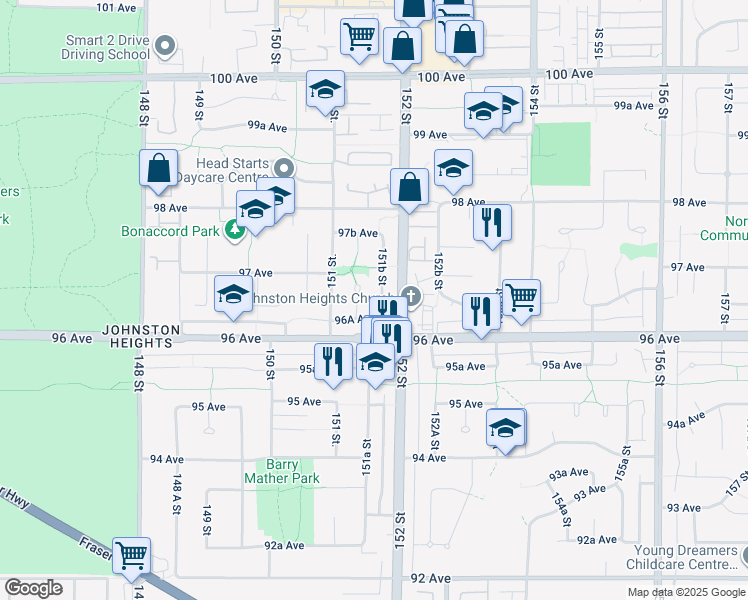map of restaurants, bars, coffee shops, grocery stores, and more near 9667 151B Street in Surrey