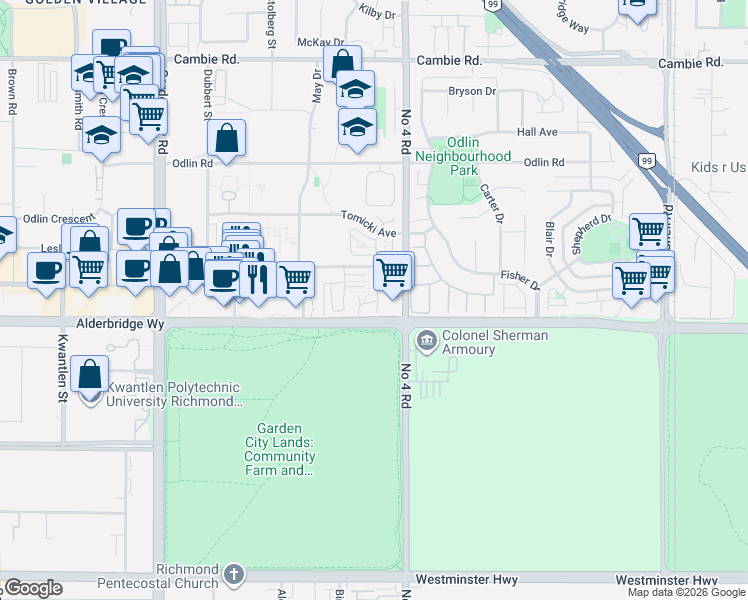 map of restaurants, bars, coffee shops, grocery stores, and more near 9728 Alexandra Road in Richmond