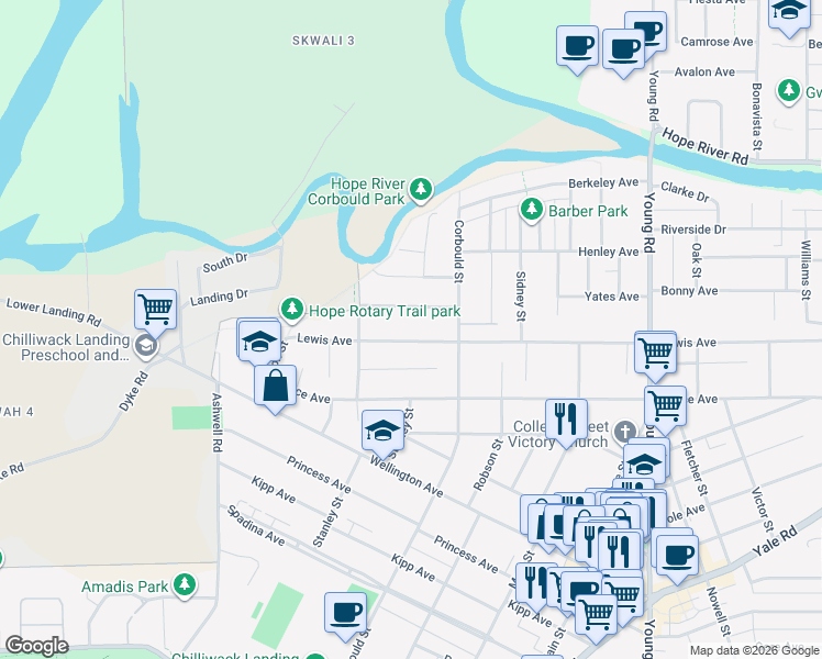 map of restaurants, bars, coffee shops, grocery stores, and more near 45627 Lewis Avenue in Chilliwack