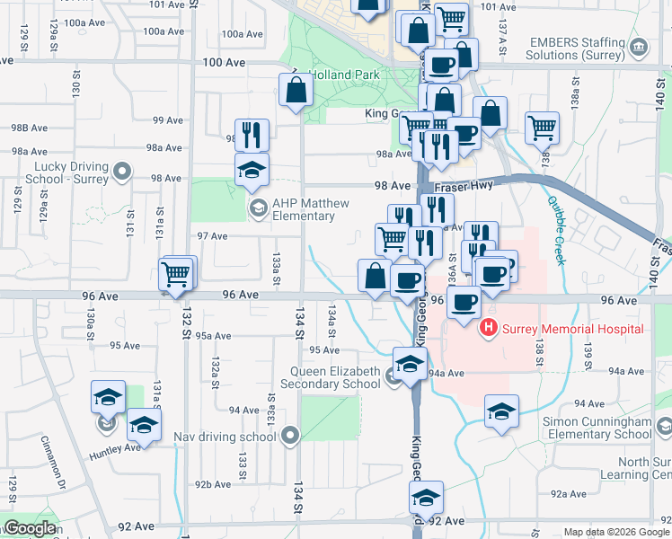 map of restaurants, bars, coffee shops, grocery stores, and more near 9672 134 Street in Surrey