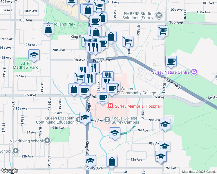map of restaurants, bars, coffee shops, grocery stores, and more near in Surrey