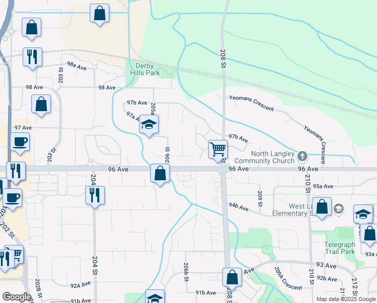 map of restaurants, bars, coffee shops, grocery stores, and more near 20643 96A Avenue in Langley Township