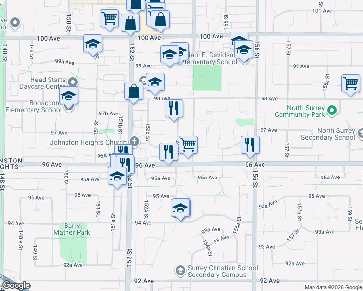 map of restaurants, bars, coffee shops, grocery stores, and more near 9656 153A Street in Surrey