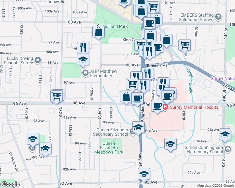 map of restaurants, bars, coffee shops, grocery stores, and more near 13501 96 Avenue in Surrey