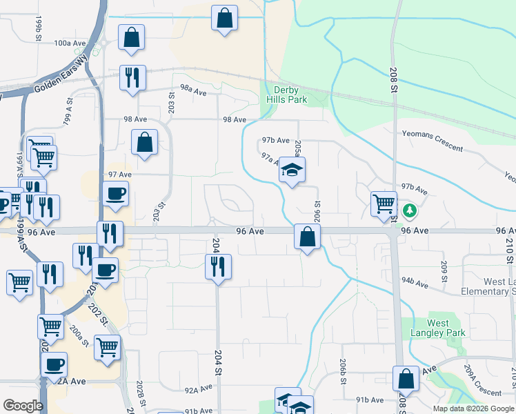 map of restaurants, bars, coffee shops, grocery stores, and more near 20391 96 Avenue in Langley Township
