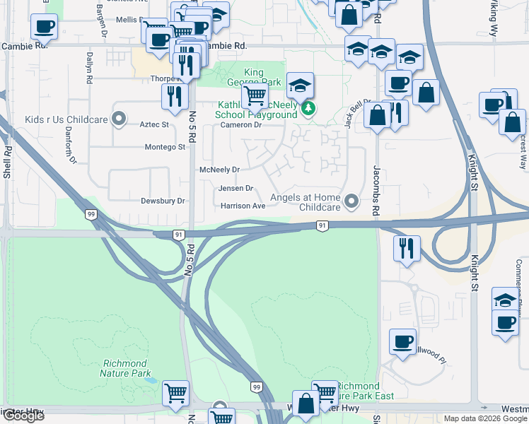 map of restaurants, bars, coffee shops, grocery stores, and more near 12600 Harrison Avenue in Richmond
