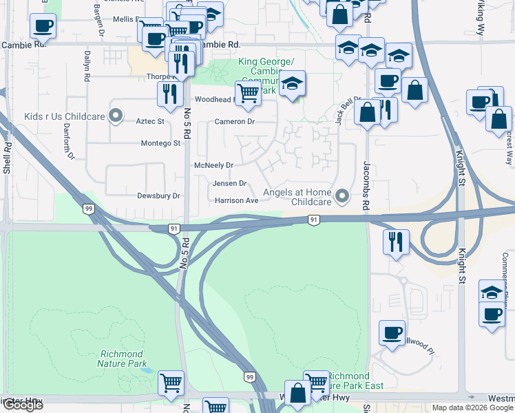 map of restaurants, bars, coffee shops, grocery stores, and more near 12600 Harrison Avenue in Richmond