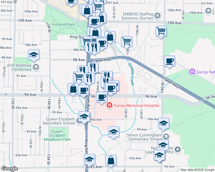 map of restaurants, bars, coffee shops, grocery stores, and more near 9639 137A Street in Surrey