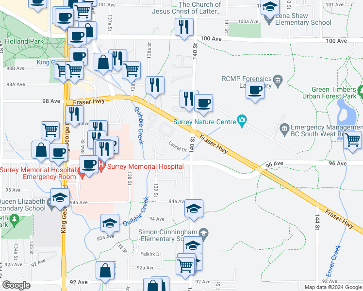 map of restaurants, bars, coffee shops, grocery stores, and more near 13969 Laurel Drive in Surrey