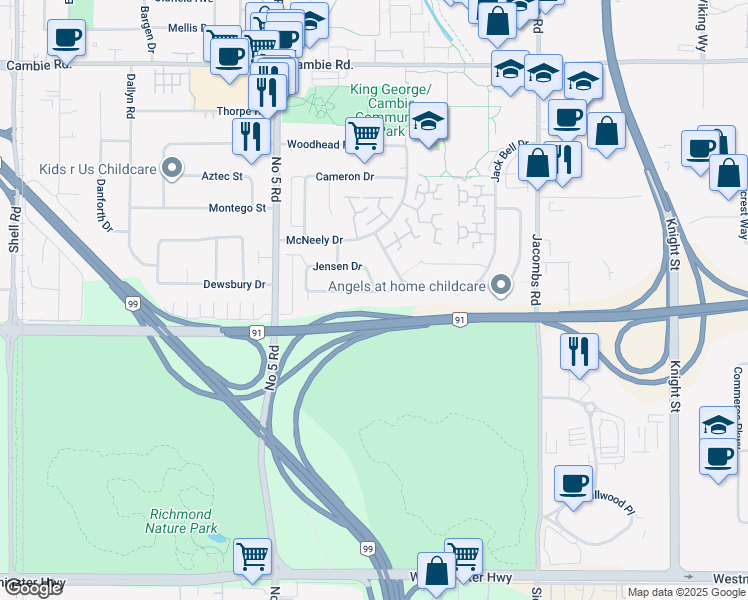 map of restaurants, bars, coffee shops, grocery stores, and more near 12580 Harrison Avenue in Richmond