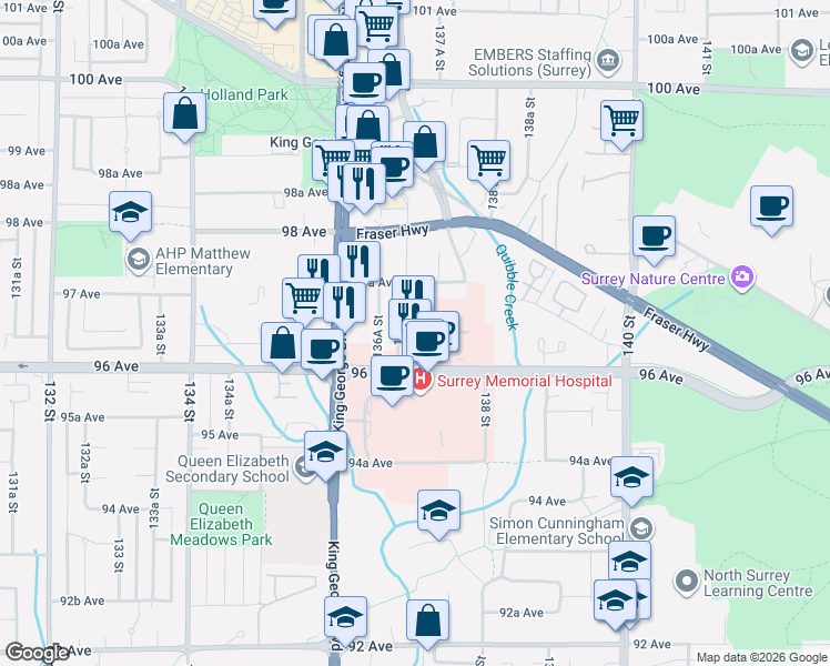 map of restaurants, bars, coffee shops, grocery stores, and more near 9639 137 A Street in Surrey