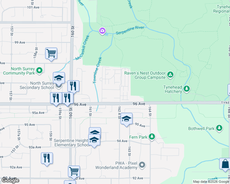 map of restaurants, bars, coffee shops, grocery stores, and more near 9659 162A Street in Surrey