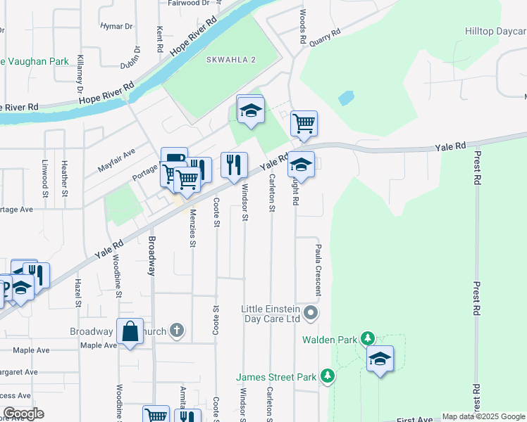 map of restaurants, bars, coffee shops, grocery stores, and more near 9682 Windsor Street in Chilliwack