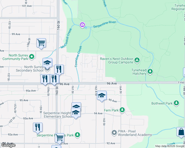 map of restaurants, bars, coffee shops, grocery stores, and more near 16226 96B Avenue in Surrey