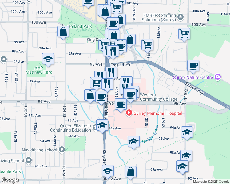 map of restaurants, bars, coffee shops, grocery stores, and more near in Surrey