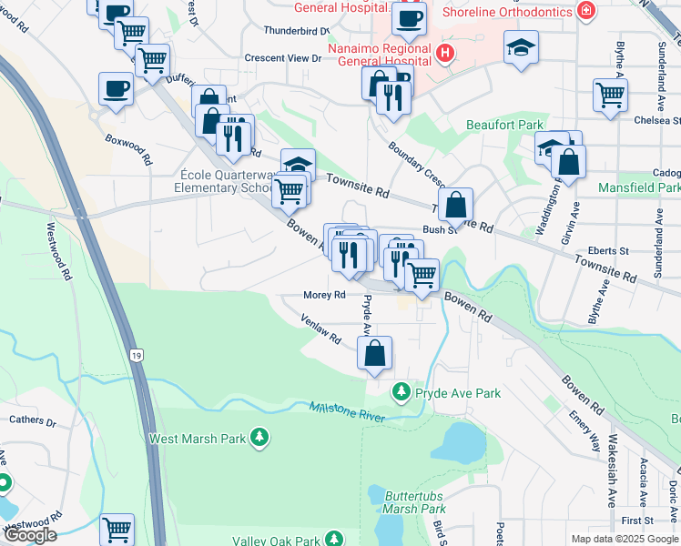 map of restaurants, bars, coffee shops, grocery stores, and more near 1601 Bowen Road in Nanaimo