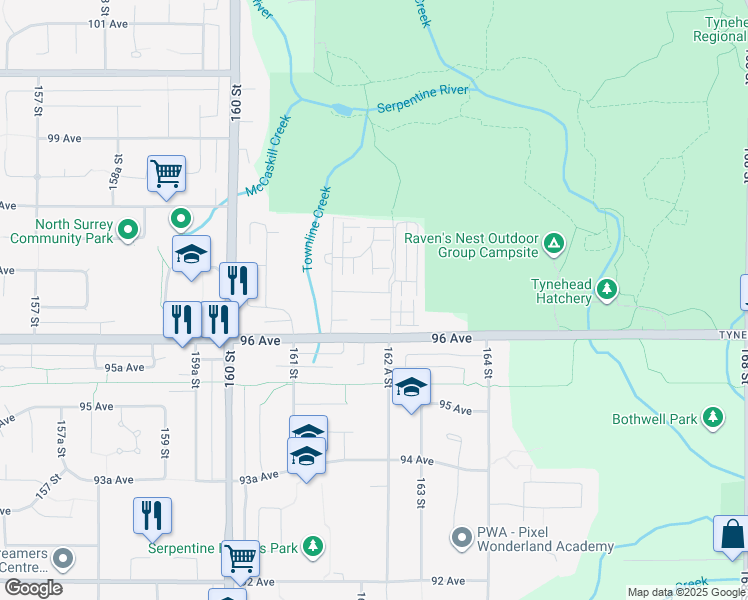map of restaurants, bars, coffee shops, grocery stores, and more near 16226 96B Avenue in Surrey