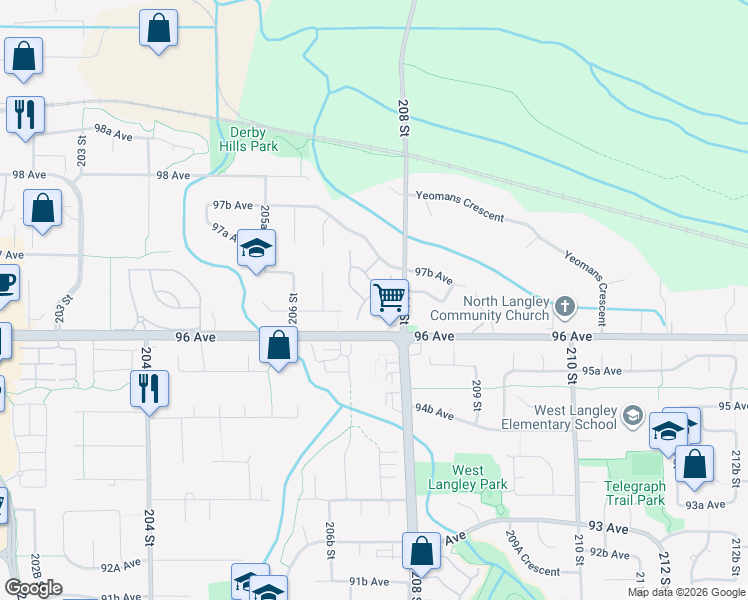map of restaurants, bars, coffee shops, grocery stores, and more near 20770 97B Avenue in Langley Township