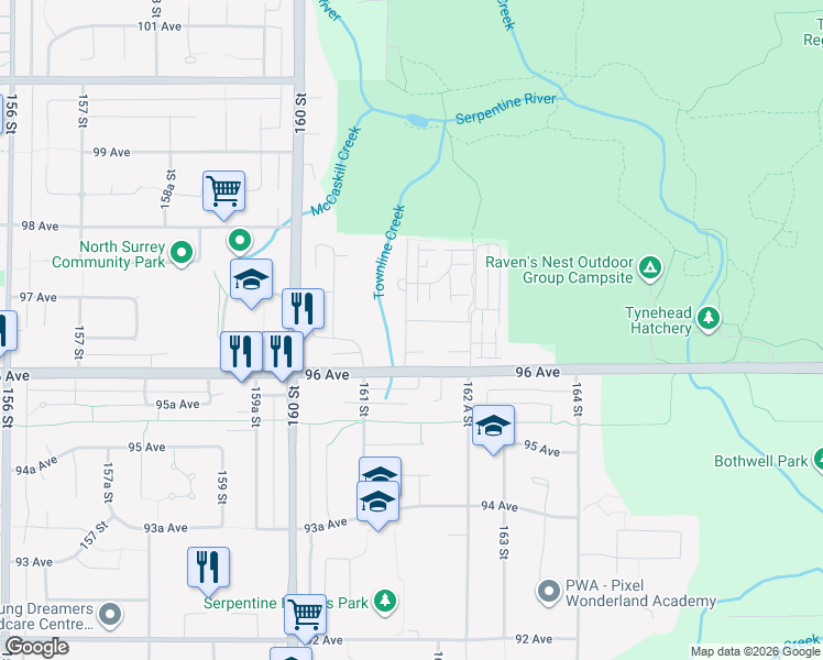 map of restaurants, bars, coffee shops, grocery stores, and more near 16158 96B Avenue in Surrey