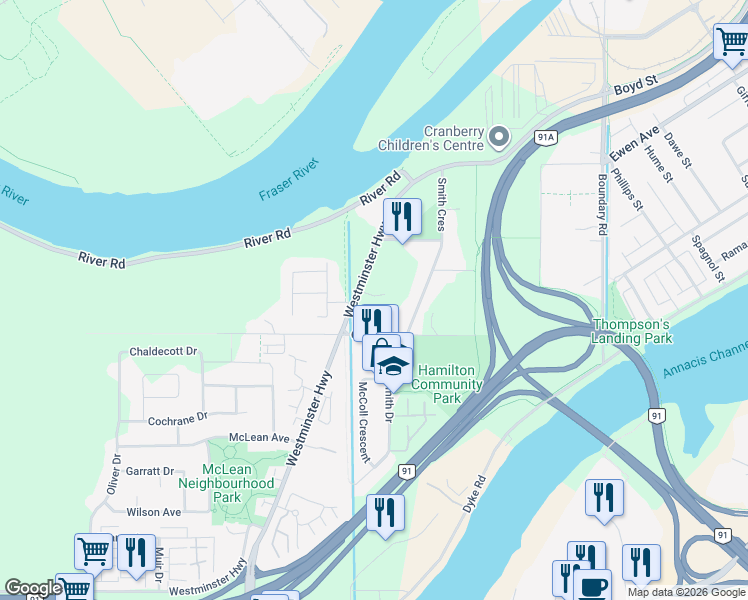 map of restaurants, bars, coffee shops, grocery stores, and more near 23100 Garripie Avenue in Richmond
