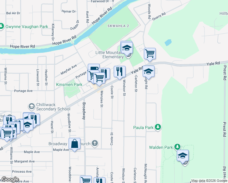 map of restaurants, bars, coffee shops, grocery stores, and more near 9678 Coote Street in Chilliwack