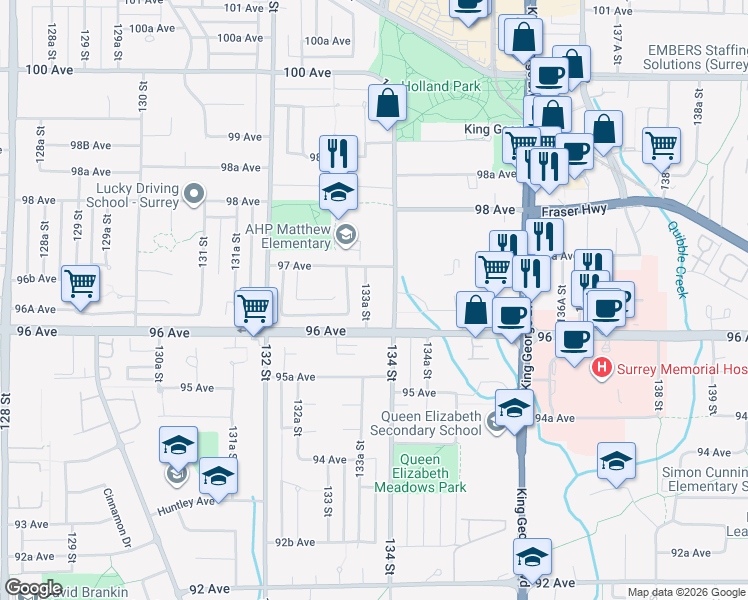 map of restaurants, bars, coffee shops, grocery stores, and more near 9650 133A Street in Surrey