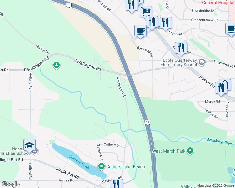 map of restaurants, bars, coffee shops, grocery stores, and more near 1966 Camas Road in Nanaimo
