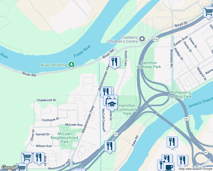 map of restaurants, bars, coffee shops, grocery stores, and more near 23100 Garripie Avenue in Richmond