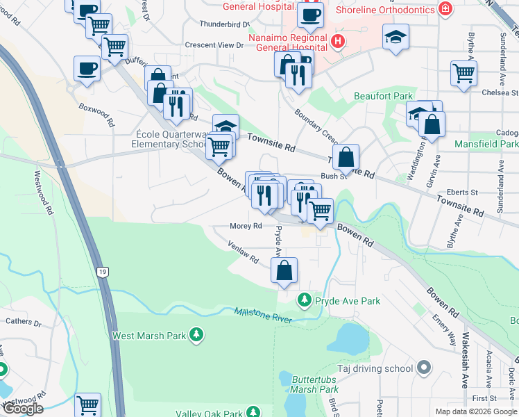 map of restaurants, bars, coffee shops, grocery stores, and more near 1609 Bowen Road in Nanaimo