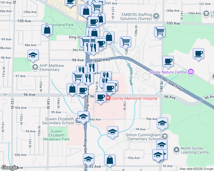 map of restaurants, bars, coffee shops, grocery stores, and more near 9639 137 A Street in Surrey