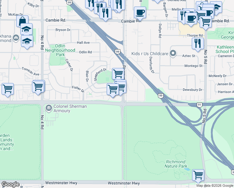 map of restaurants, bars, coffee shops, grocery stores, and more near 4871 Shell Road in Richmond