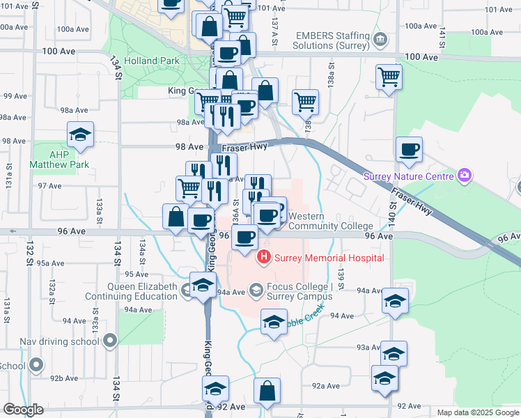 map of restaurants, bars, coffee shops, grocery stores, and more near 9639 137 A Street in Surrey