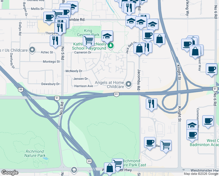 map of restaurants, bars, coffee shops, grocery stores, and more near 12560 Jack Bell Drive in Richmond