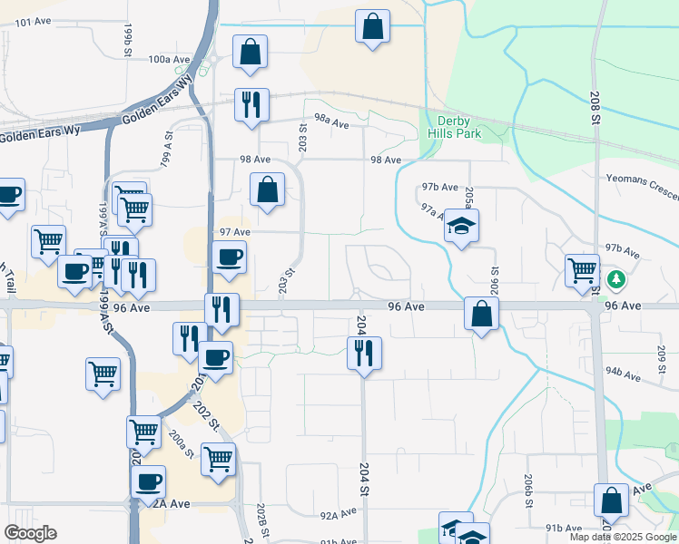 map of restaurants, bars, coffee shops, grocery stores, and more near 20381 96 Avenue in Langley Township