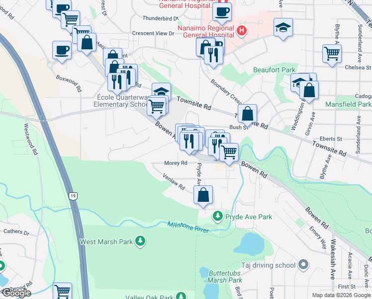 map of restaurants, bars, coffee shops, grocery stores, and more near 1605 Bowen Road in Nanaimo