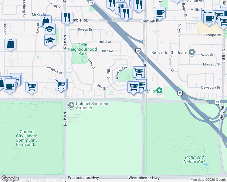 map of restaurants, bars, coffee shops, grocery stores, and more near 4711 Blair Drive in Richmond