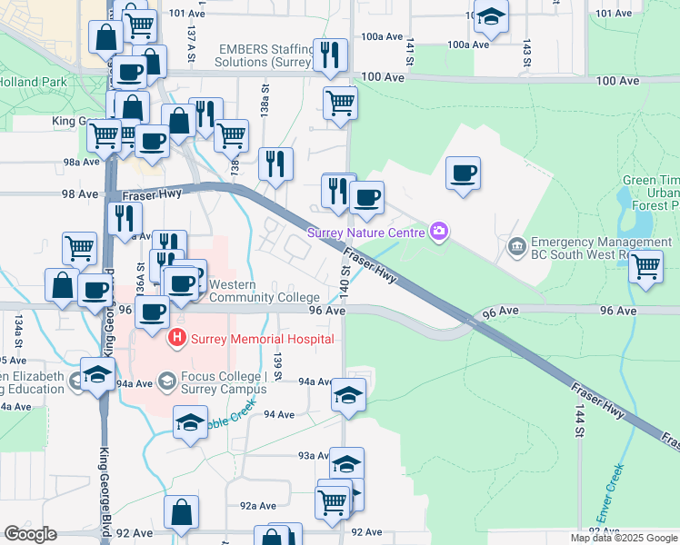 map of restaurants, bars, coffee shops, grocery stores, and more near 9689 140 Street in Surrey