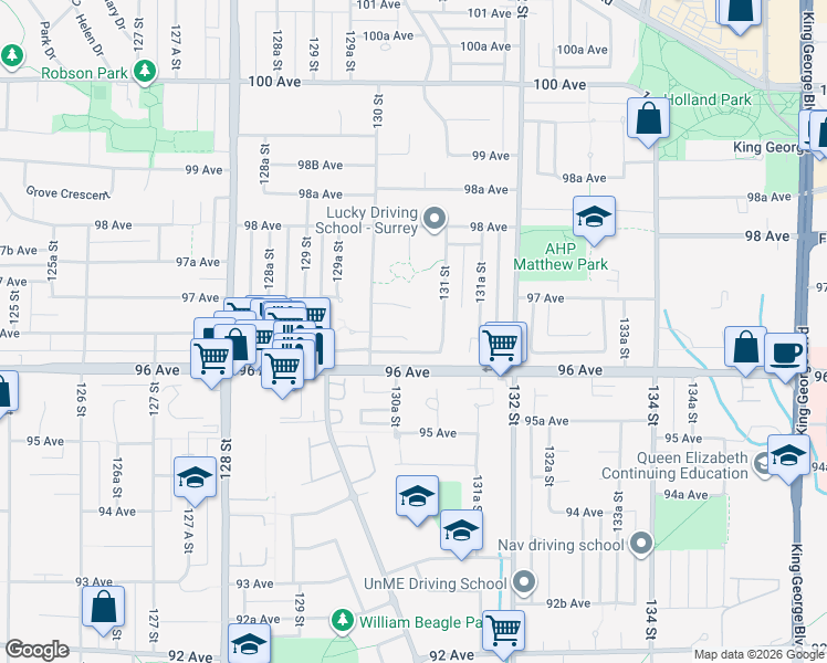 map of restaurants, bars, coffee shops, grocery stores, and more near 13053 96A Avenue in Surrey