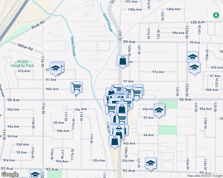 map of restaurants, bars, coffee shops, grocery stores, and more near 11956 96A Avenue in Surrey