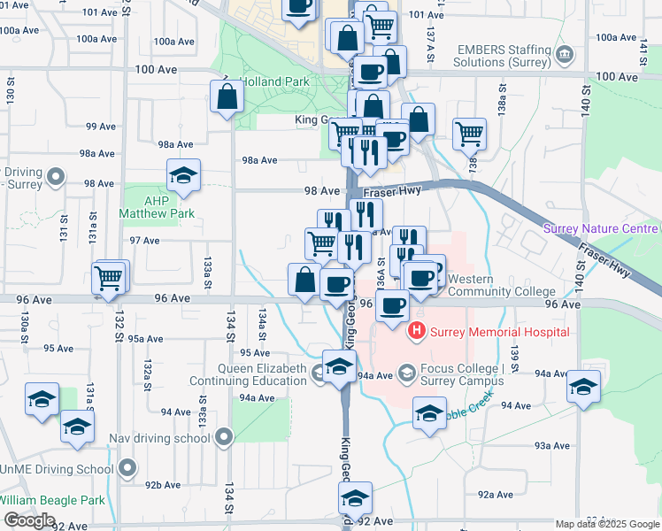 map of restaurants, bars, coffee shops, grocery stores, and more near 9655 King George Boulevard in Surrey