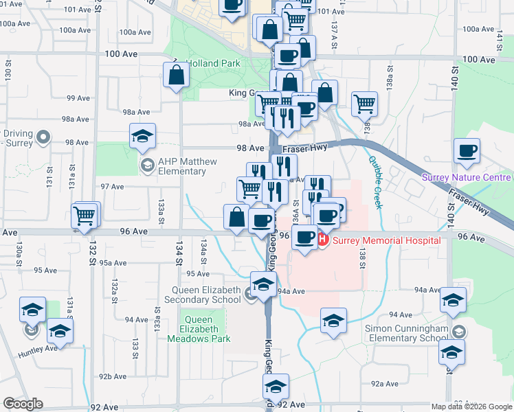 map of restaurants, bars, coffee shops, grocery stores, and more near in Surrey