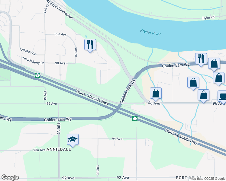 map of restaurants, bars, coffee shops, grocery stores, and more near 9688 182A Street in Surrey