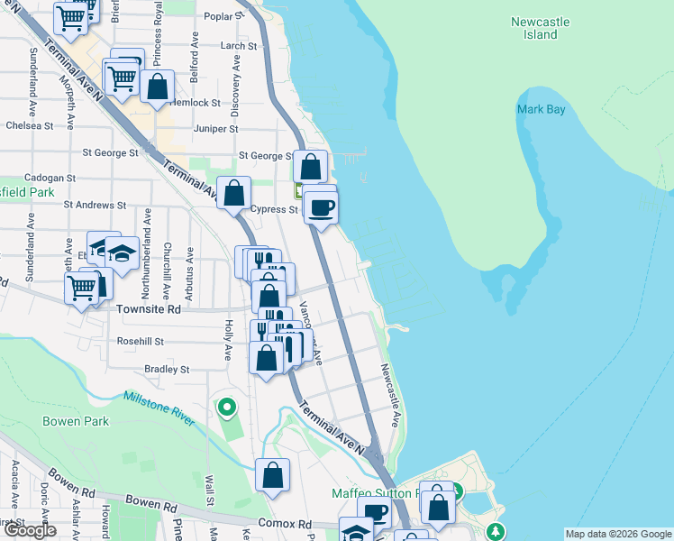 map of restaurants, bars, coffee shops, grocery stores, and more near 500 Stewart Avenue in Nanaimo