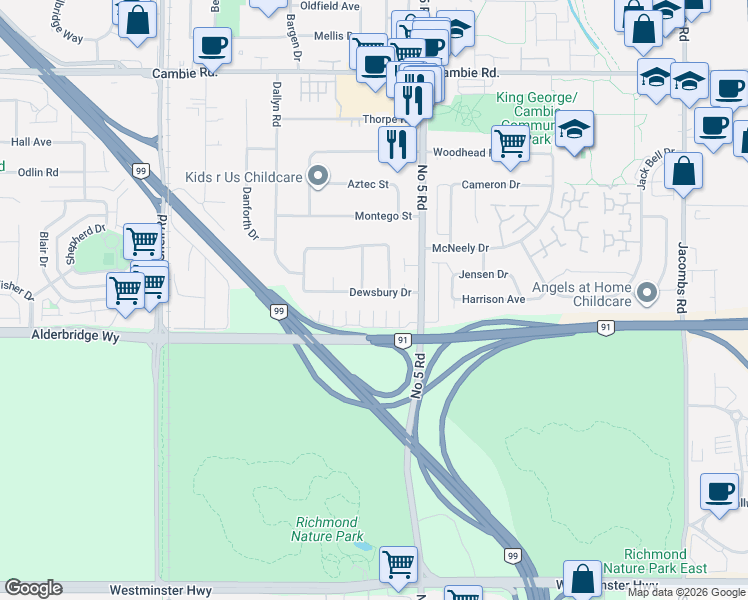 map of restaurants, bars, coffee shops, grocery stores, and more near 11860 Dewsbury Drive in Richmond