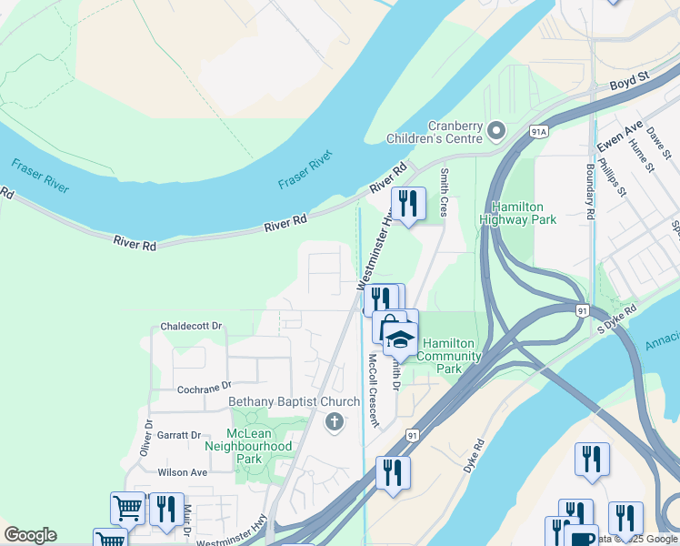 map of restaurants, bars, coffee shops, grocery stores, and more near Fraserside Drive in Richmond