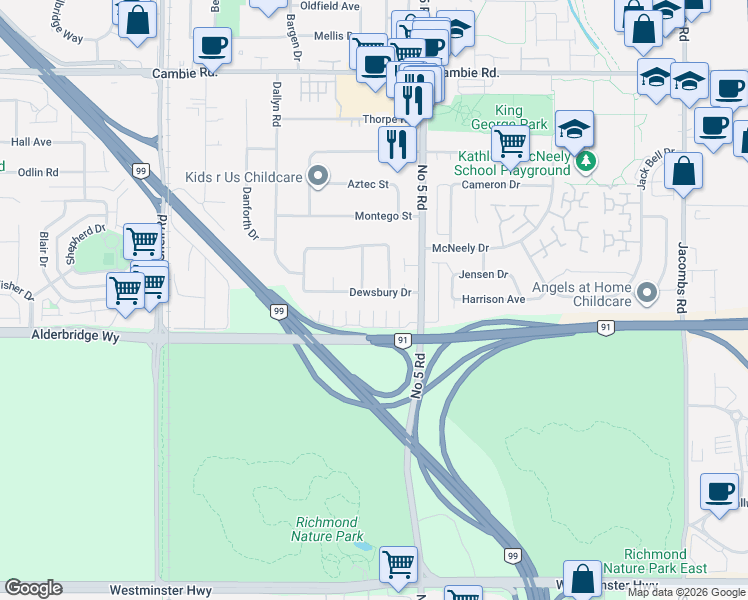 map of restaurants, bars, coffee shops, grocery stores, and more near 11860 Dewsbury Drive in Richmond